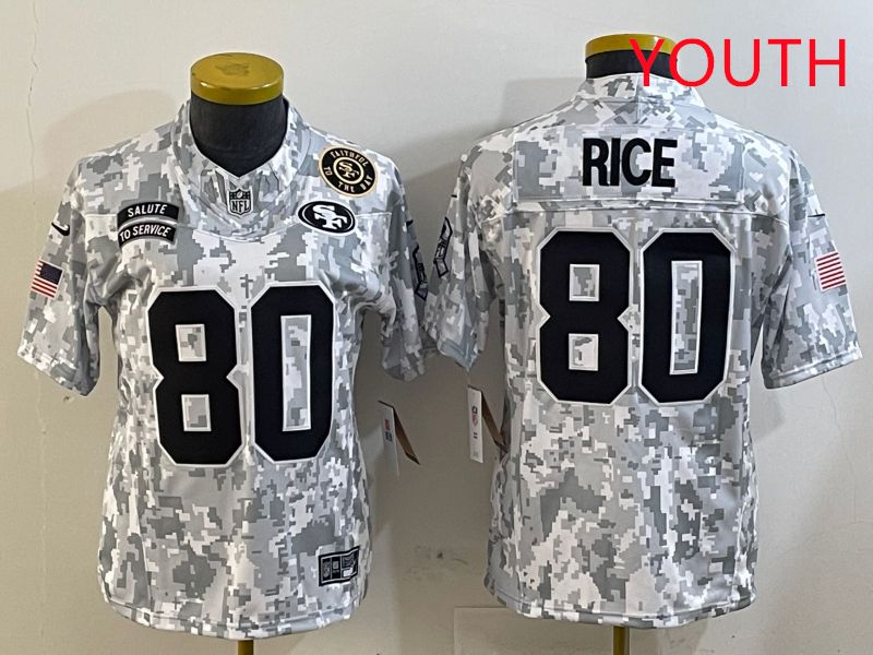 Youth San Francisco 49ers #80 Rice Nike Arctic Camo 2025 Salute to Service Limited NFL Jersey style 3